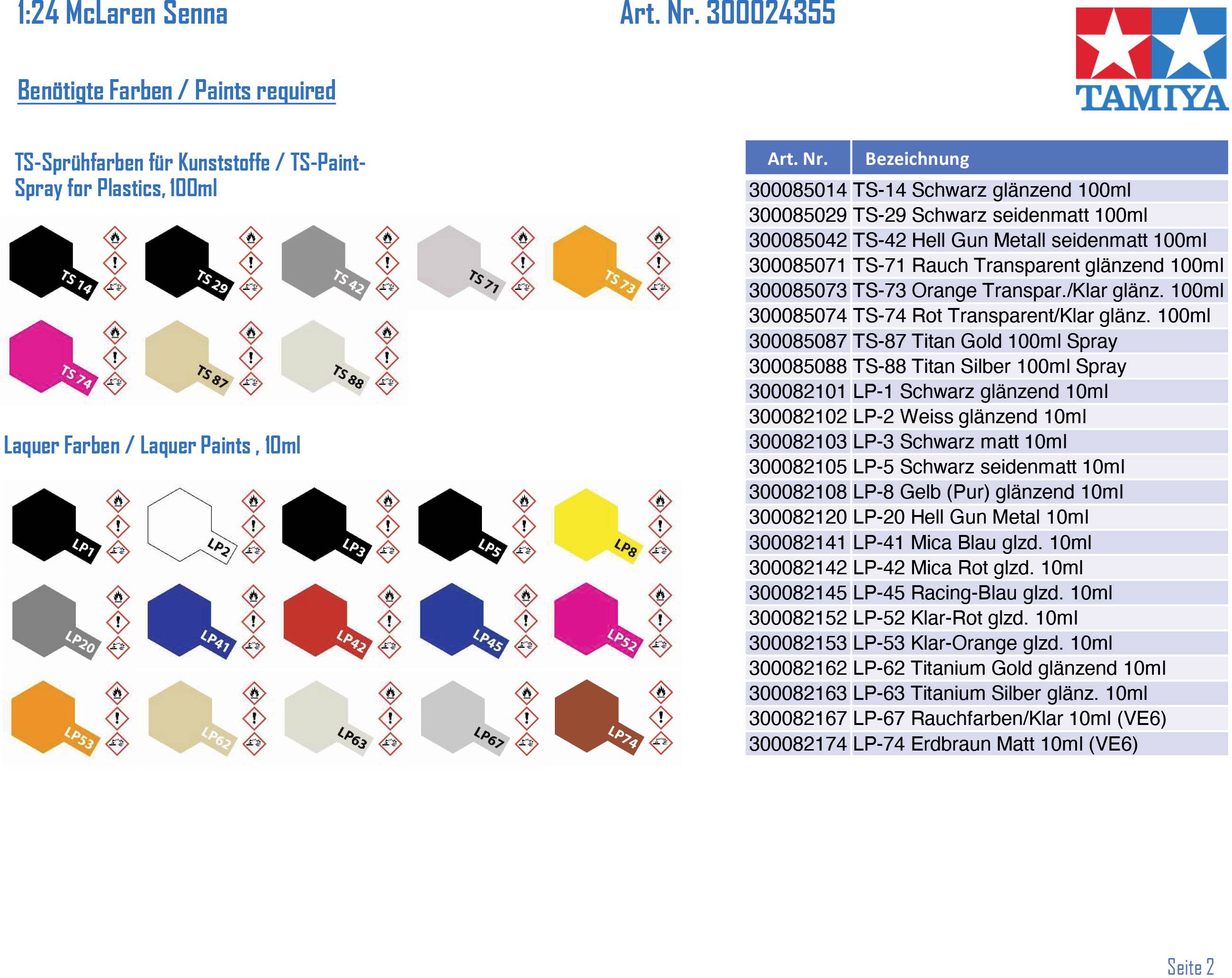 'McLaren Senna : Couleurs et sprays nécessaires pour la peinture.' Liste avec articles et codes couleur dans des champs hexagonaux.