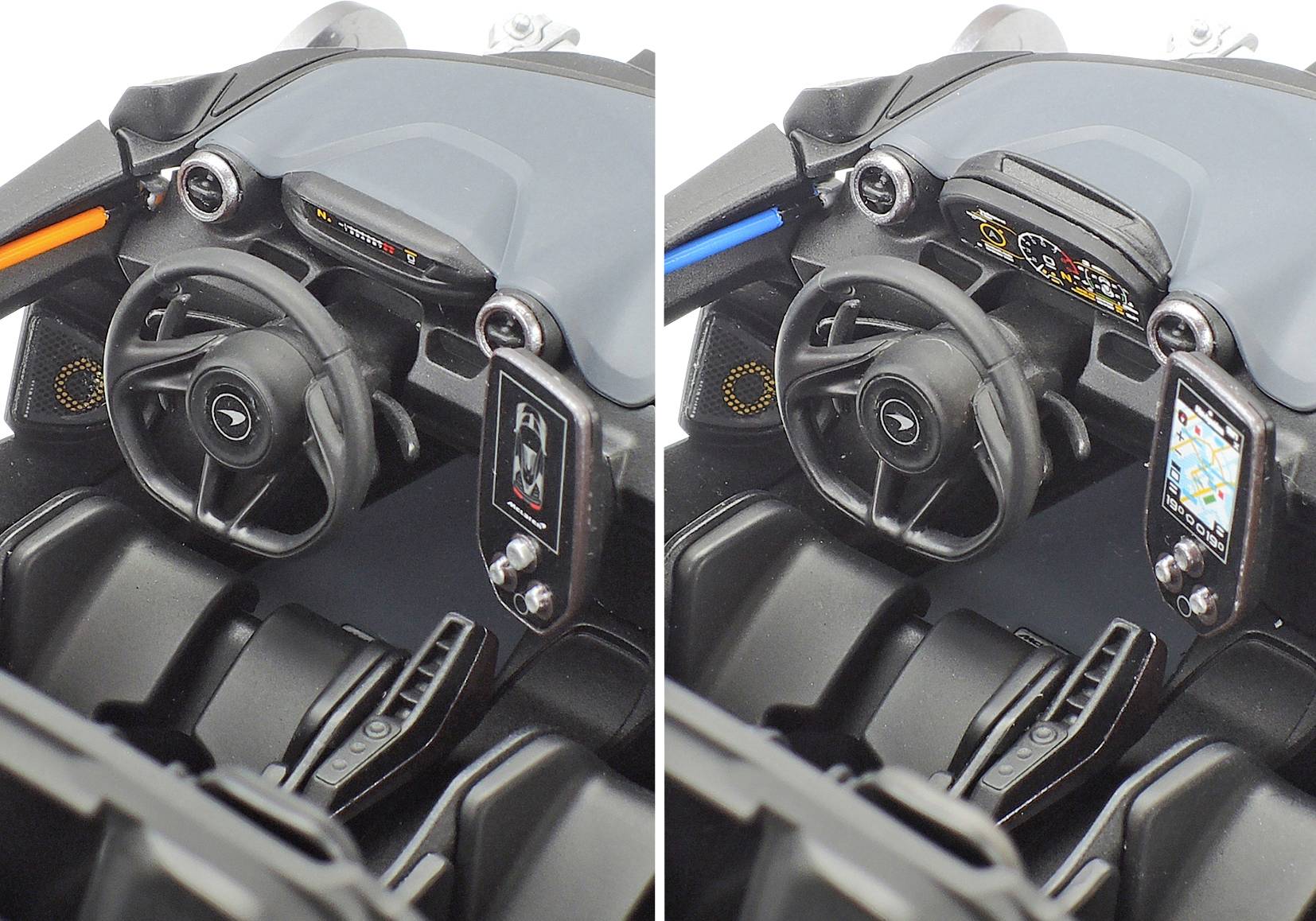 Comparaison de design de volant : à gauche, un affichage simple et des commandes, à droite, un écran couleur avec système de navigation et indicateurs d'instruments.