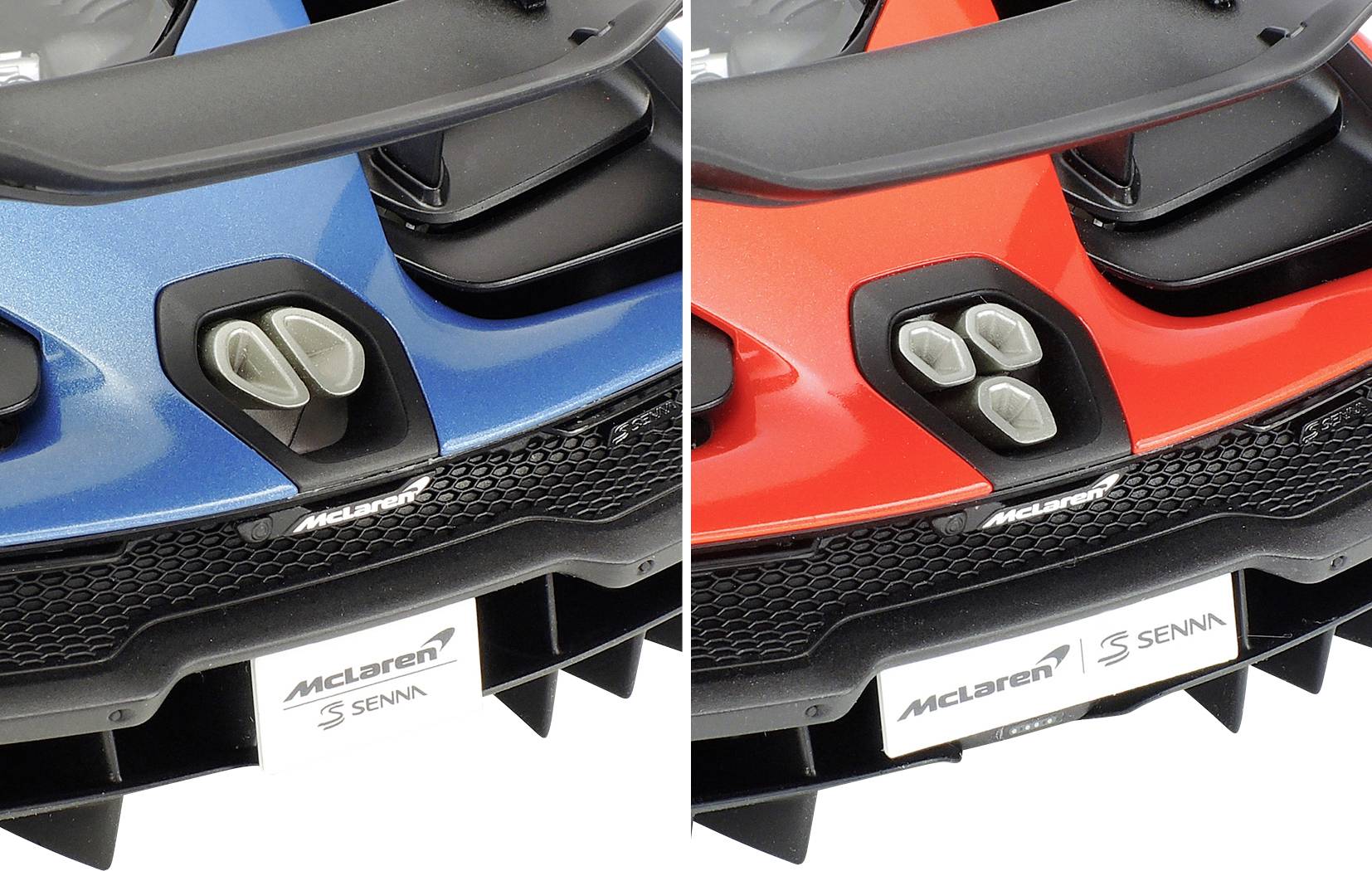 Deux gros plans d'une McLaren Senna : à gauche en bleu, à droite en rouge. Les deux montrent la même zone avec des éléments de ventilation caractéristiques.