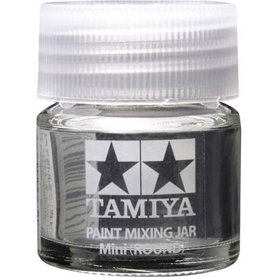 Un pot de mélange de peinture Tamiya rond, transparent, avec un couvercle à vis blanc, portant un logo à deux étoiles.