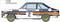 Vue latérale d'une voiture de rallye classique avec les logos de sponsor 'Rothmans' et le numéro de départ '2'. Blanche avec des bandes bleues et dorées.