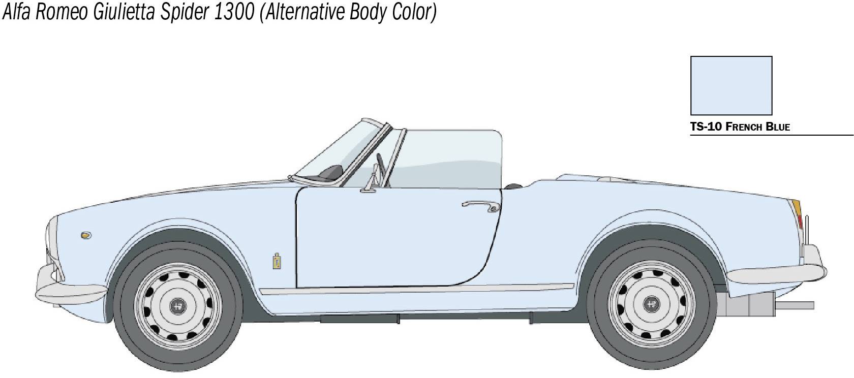Alfa Romeo Giulietta Spider 1300 en bleu clair, vue latérale. Cabriolet avec capote ouverte, caractéristiques de design automobile classique.