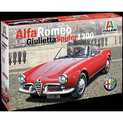 Maquette d'une Alfa Romeo Giulietta Spider 1300 par Italeri, à l'échelle 1:24, cabriolet rouge devant un décor italien.