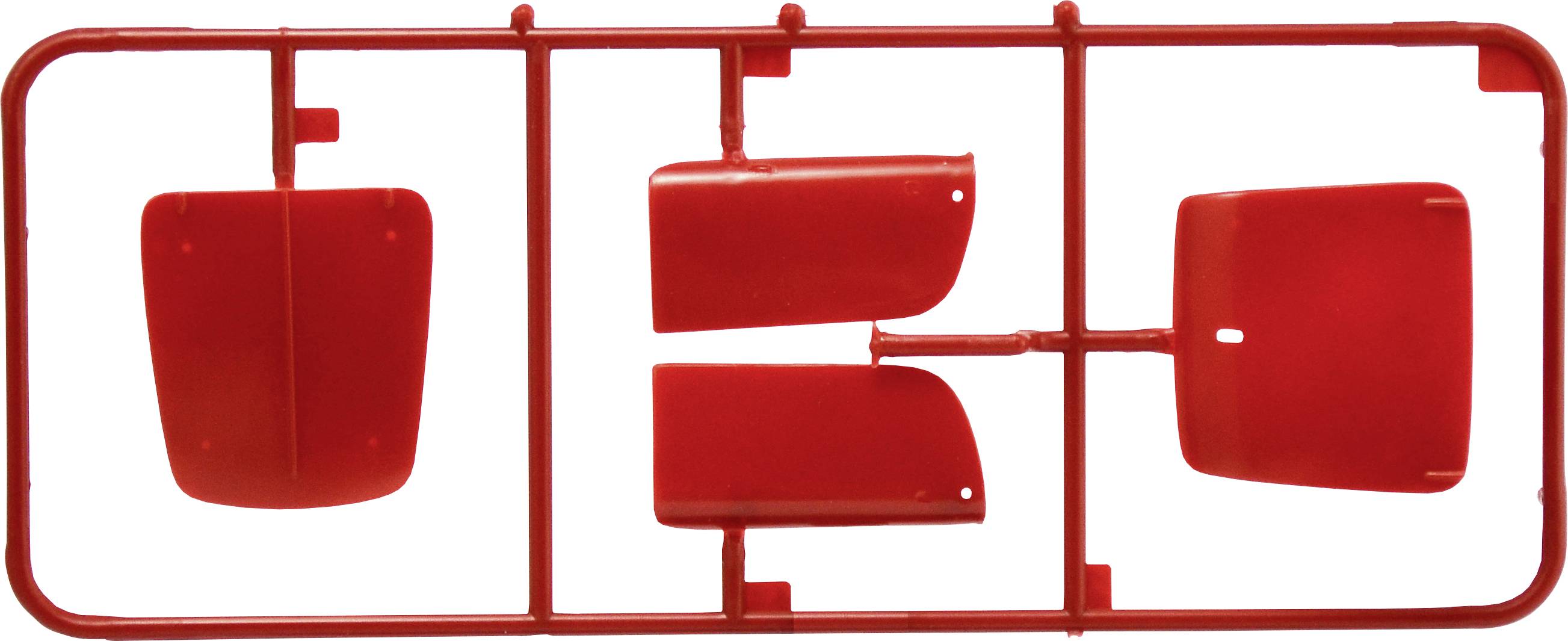 Cadre en plastique rouge avec quatre pièces amovibles destinées à l'assemblage d'un modèle. Formes rectangulaires et arrondies.