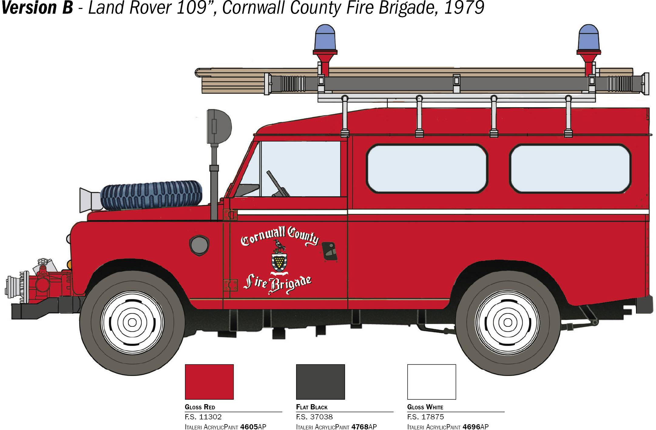 Camion de pompiers rouge 'Land Rover 109', Brigade des pompiers du comté de Cornwall, 1979. Vue latérale avec échelle de sauvetage et sirène sur le toit.