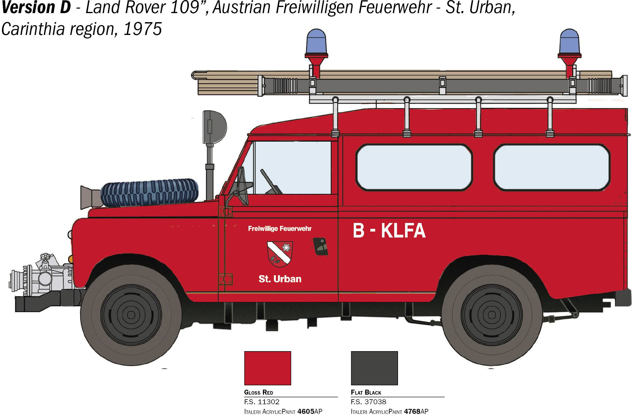 Véhicule de pompiers rouge Land Rover 109 de 1975, Corps de sapeurs-pompiers volontaires de St. Urban, Autriche, avec échelle et équipement.