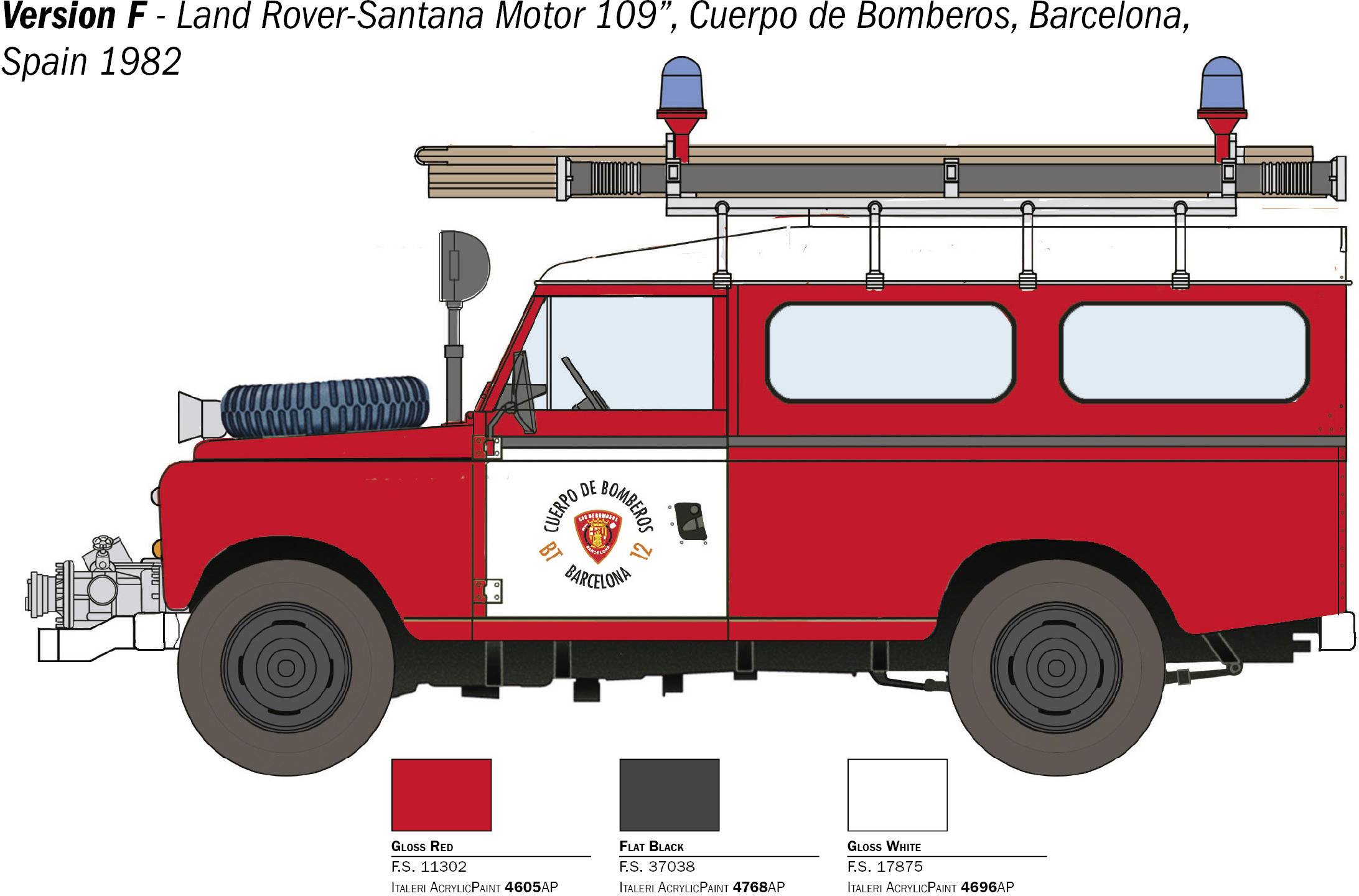 Illustration d'un véhicule de pompiers Land Rover-Santana de Barcelone, Espagne, 1982. Il montre le véhicule de côté avec une échelle de pompiers.