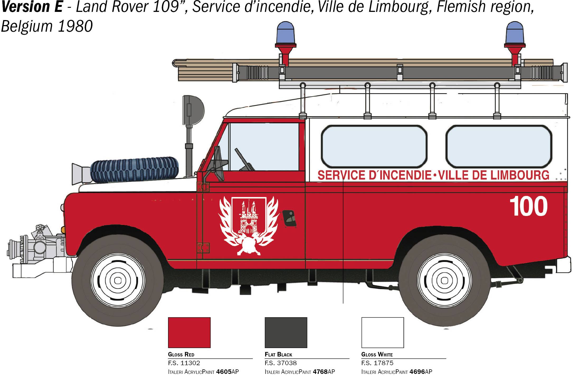 Vue latérale d'un véhicule de pompiers Land Rover 109" rouge de la ville de Limbourg, Belgique, 1980, portant l'inscription 'SERVICE D'INCENDIE'.