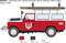 Vue latérale d'un véhicule de pompiers Land Rover 109" rouge de la ville de Limbourg, Belgique, 1980, portant l'inscription 'SERVICE D'INCENDIE'.