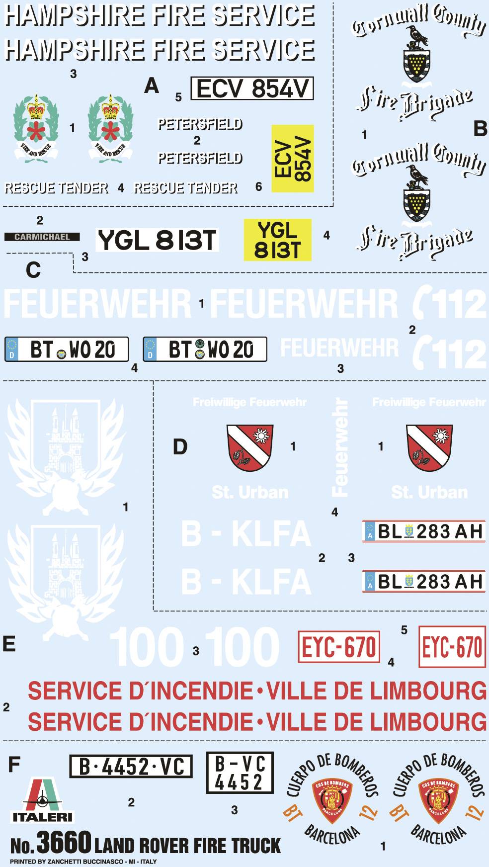 Planche de décalcomanies pour maquettes : Contient des logos et des insignes de véhicules de pompiers de différentes villes, par exemple Hampshire, Cornwall.