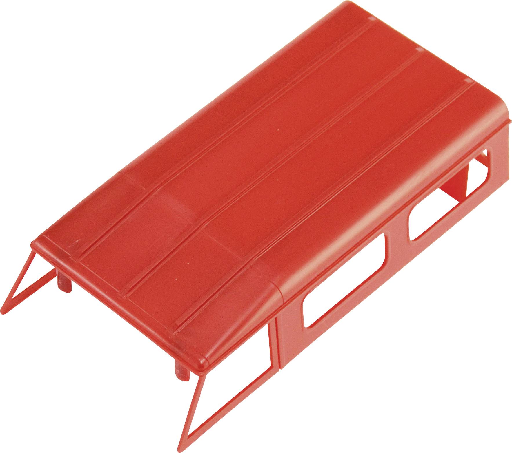 Toit en plastique rouge avec des trous rectangulaires sur les côtés, utilisé comme accessoire pour un véhicule miniature ou un kit de construction.
