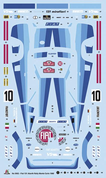 Planche d'autocollants avec logos de marque Fiat et motifs de course pour modèle réduit de voiture. Les couleurs principales sont le bleu et le rouge. Contient des chiffres et des drapeaux nationaux.