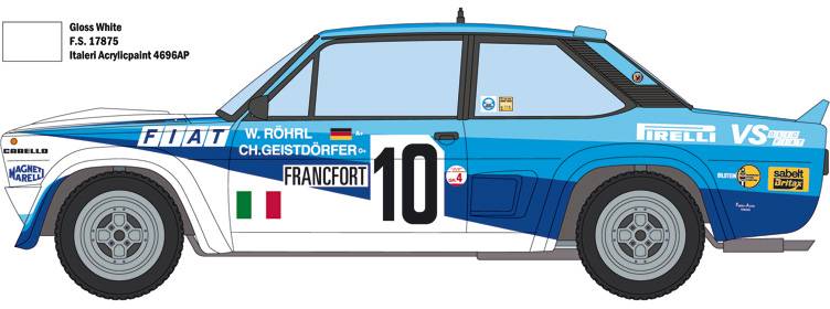 Une voiture de rallye bleue et blanche portant le numéro 10, avec l'étiquette Fiat et le drapeau italien. Inscription : « W. Röhrl, CH. Geistdörfer ».
