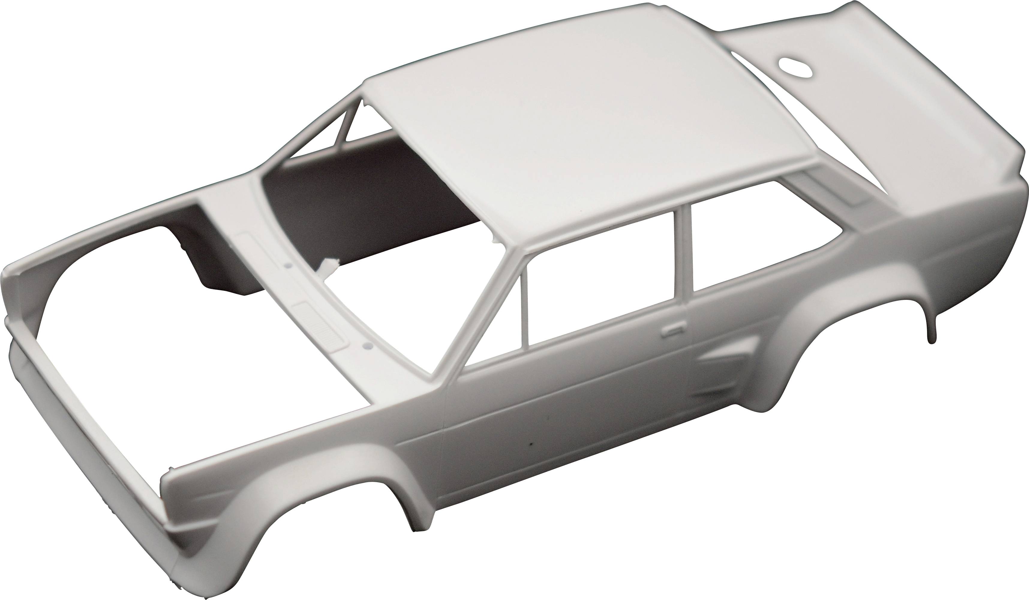 Un châssis de voiture miniature blanc sans roues ni détails, probablement destiné à un modélisme ou à illustrer les structures de véhicules.
