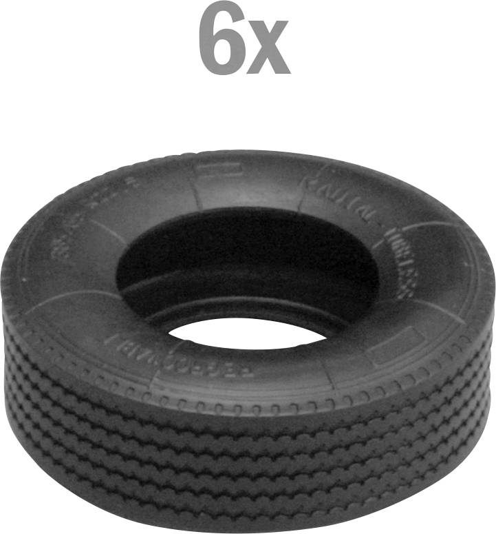 Six pneus noirs empilés.