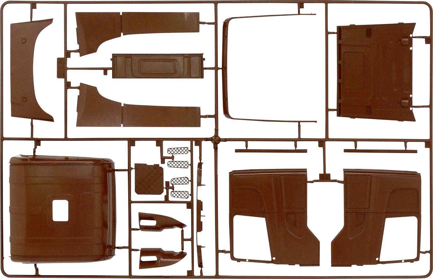 Kit de montage : Pièces détachées d'un véhicule miniature en plastique brun foncé. Comprend des éléments de carrosserie tels que portes, toit et ailes.