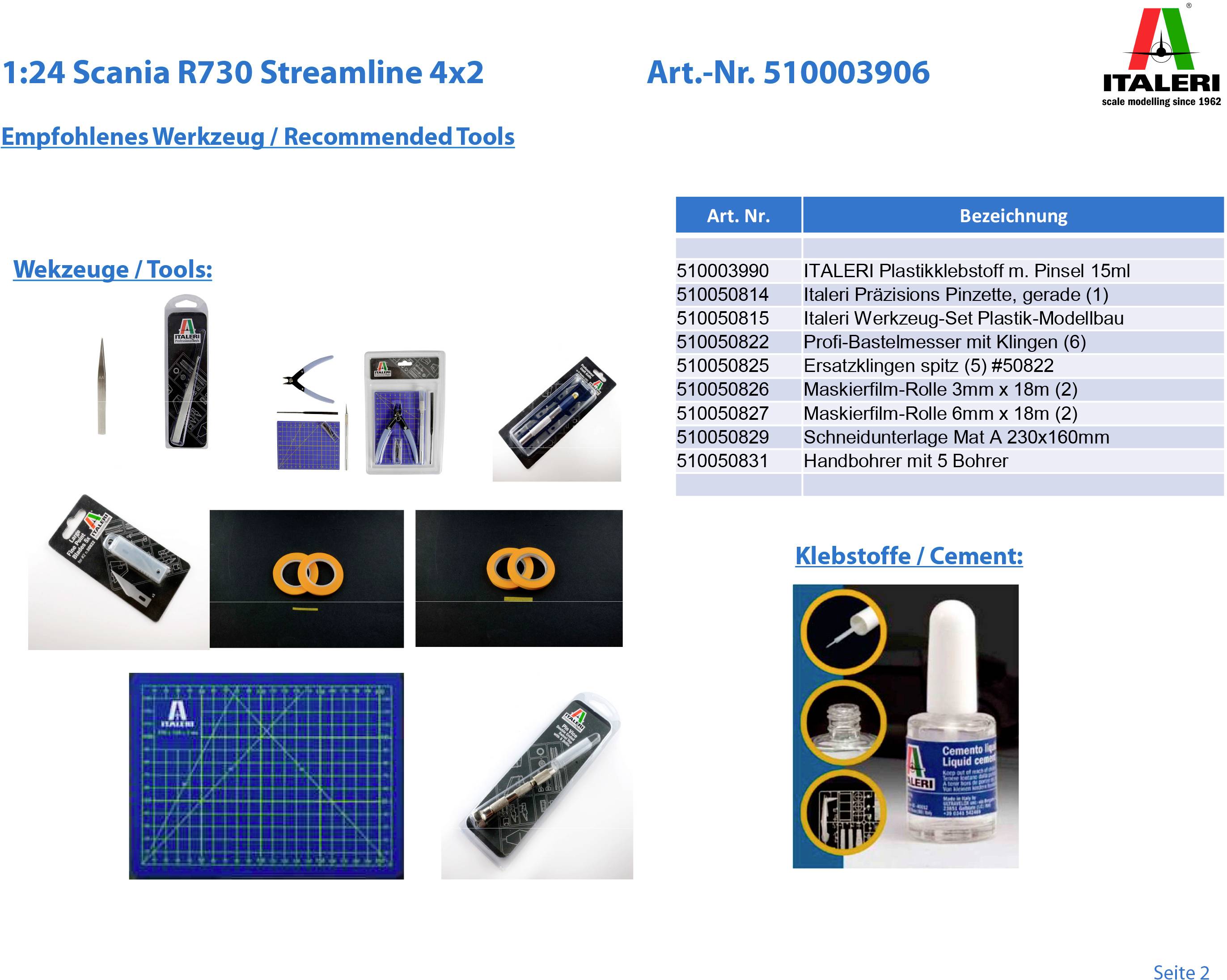 '1:24 Scania R730 Streamline 4x2' présente les outils et adhésifs recommandés avec leurs noms et numéros d'articles pour la construction d'un modèle.