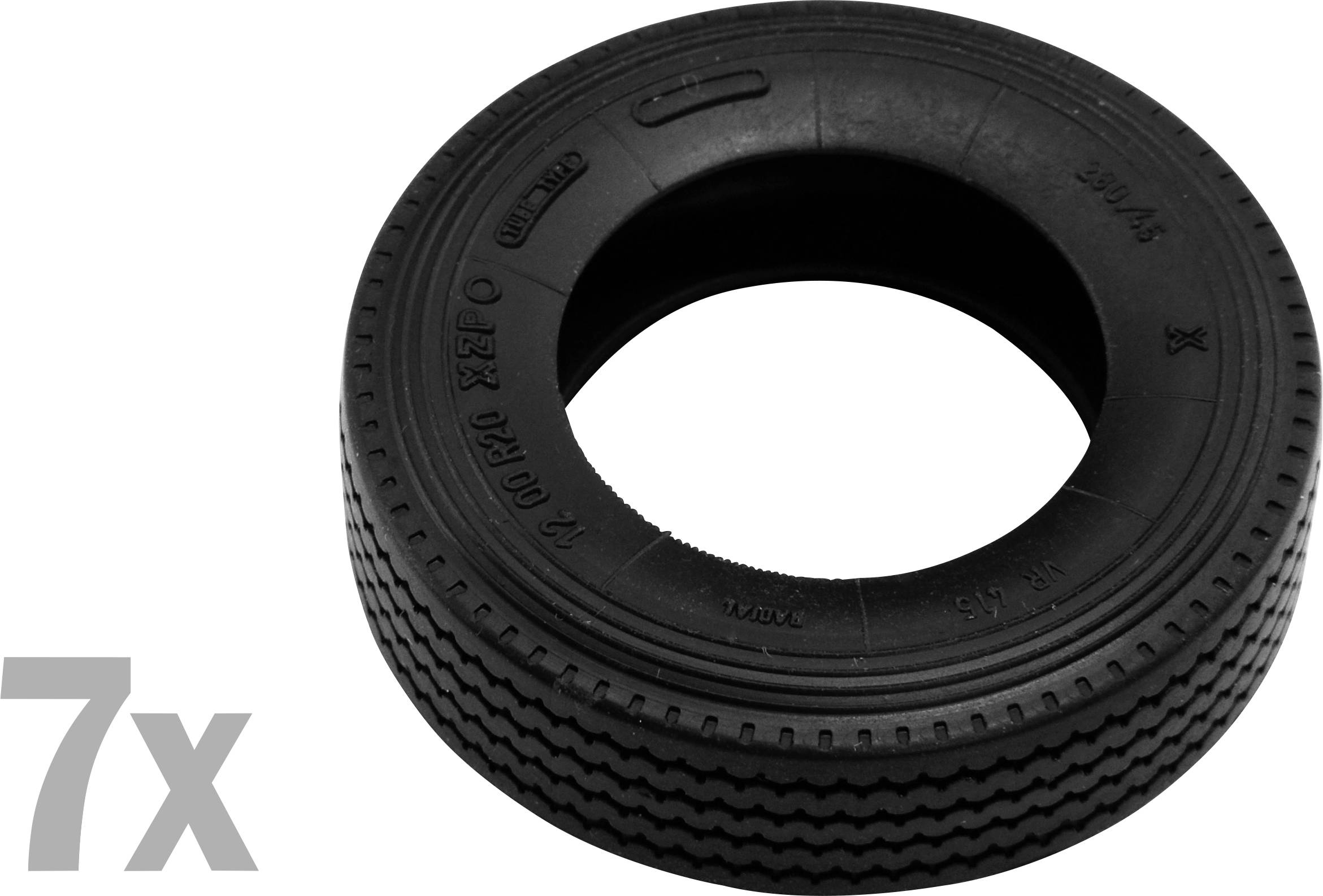 'Pneu noir avec inscription 7x en bas à gauche. Adapté aux véhicules pour enfants ou aux patins à roulettes. Robuste avec motif de bande de roulement.'