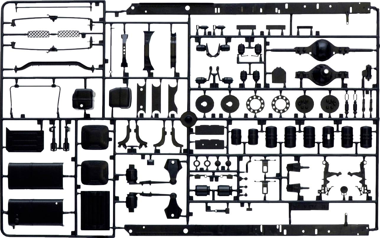 Un kit de maquette en plastique avec différentes pièces préformées pour assembler une voiture miniature. Les pièces sont disposées dans un cadre quadrillé.