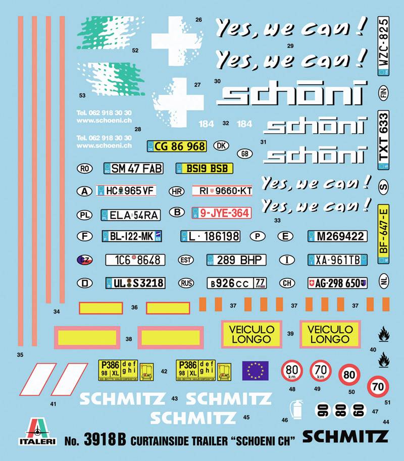 Planche de décalcomanies avec différents autocollants sous forme de chiffres, de lettres et de symboles tels que 'Yes, we can!' et 'schöni'.