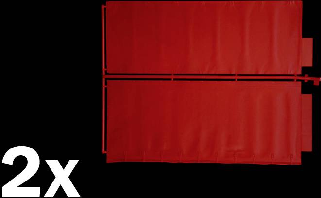 Structure rectangulaire rouge sur fond noir avec le chiffre blanc '2x' en bas à gauche.