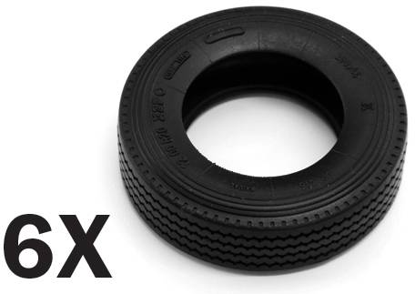 Un pneu noir, avec l'inscription '6X' à côté. Le pneu a un profil simple et est destiné aux véhicules jouets.