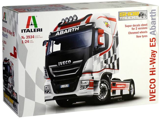 Emballage d'un kit de modélisme 'Iveco Hi-Way E5 Abarth', échelle 1:24, avec une image d'un camion détaillé, des logos et du texte en anglais.