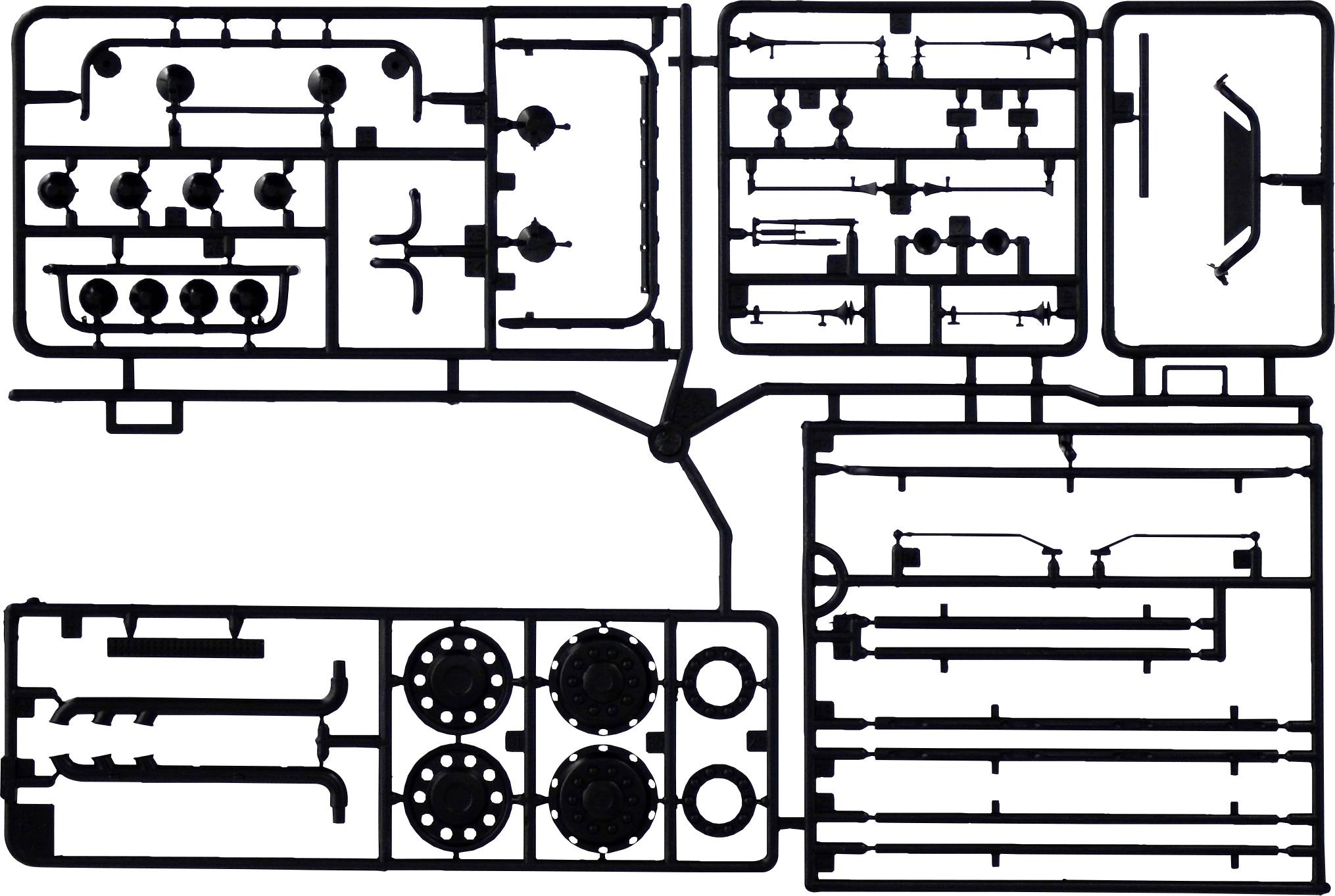 Un cadre de moulage par injection contenant différentes petites pièces en plastique pour la modélisation, comprenant des roues, des essieux et d'autres composants.