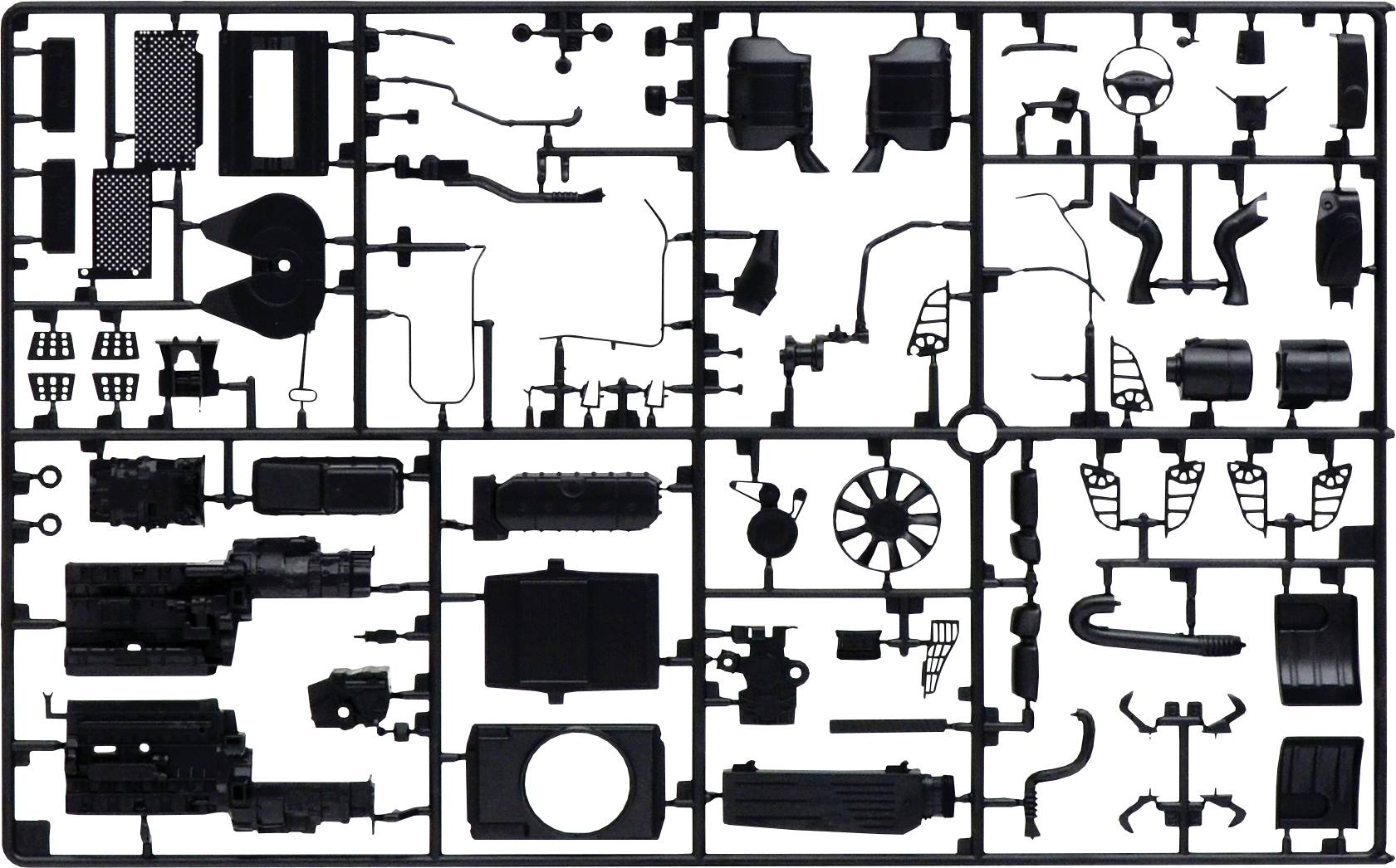 Un kit en plastique noir comprenant diverses pièces automobiles sur un cadre quadrillé, prêt à être détaché et assemblé.