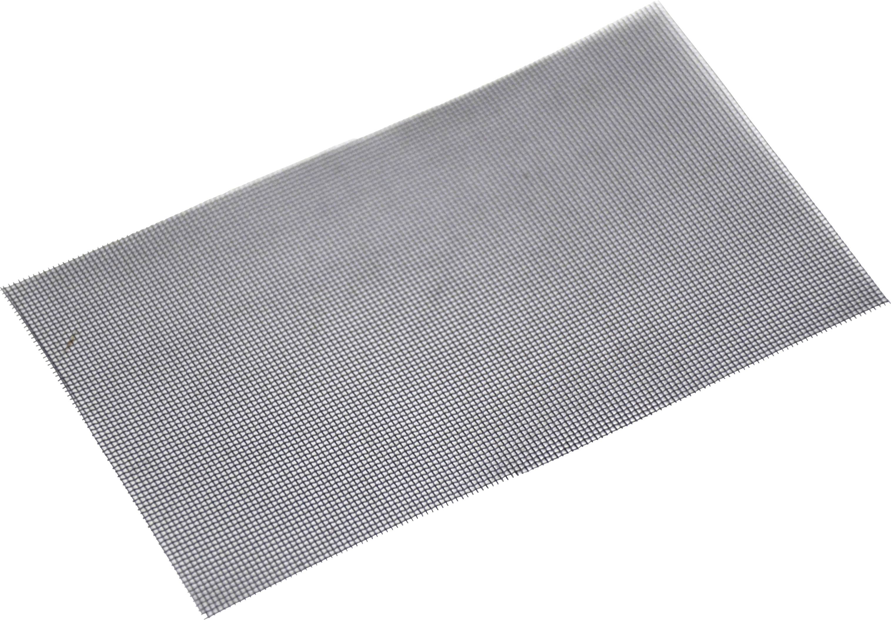 Une grille de ponçage rectangulaire à grain fin, utilisée pour le ponçage des surfaces. Elle est grise et présente une structure de trous régulière.