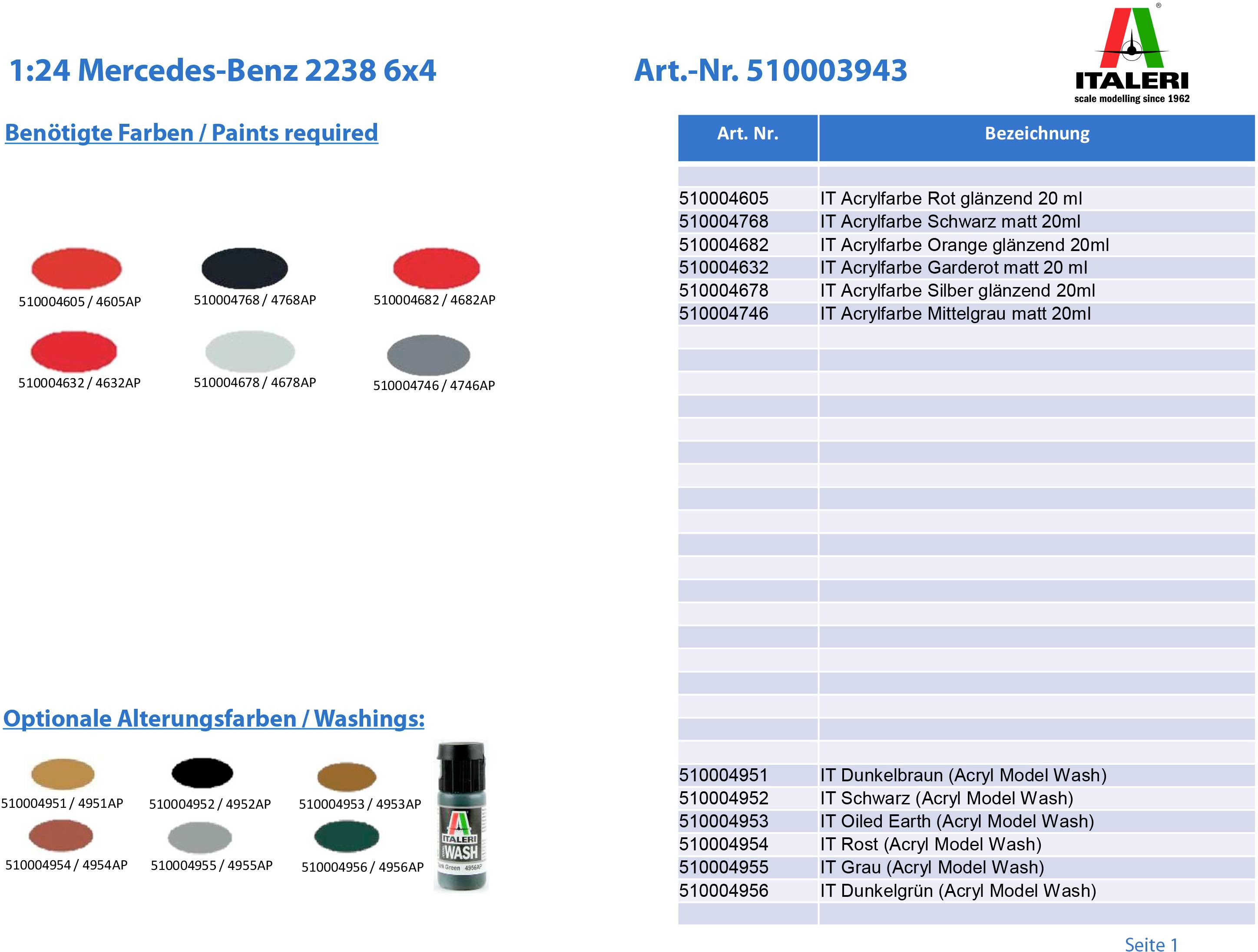 Notice Italeri présente la palette de couleurs et les options de peinture pour la maquette du Mercedes-Benz 2238 6x4, avec les numéros et les désignations des couleurs.