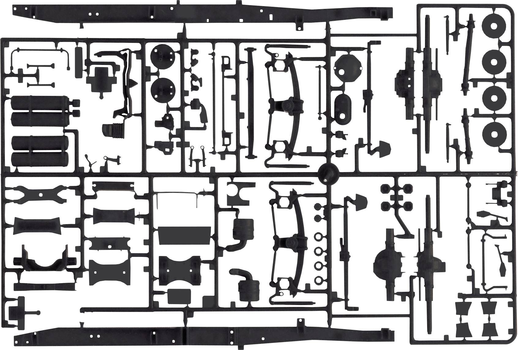 Une maquette comprenant de nombreuses petites pièces en plastique noir, destinées à l'assemblage d'un modèle de véhicule.