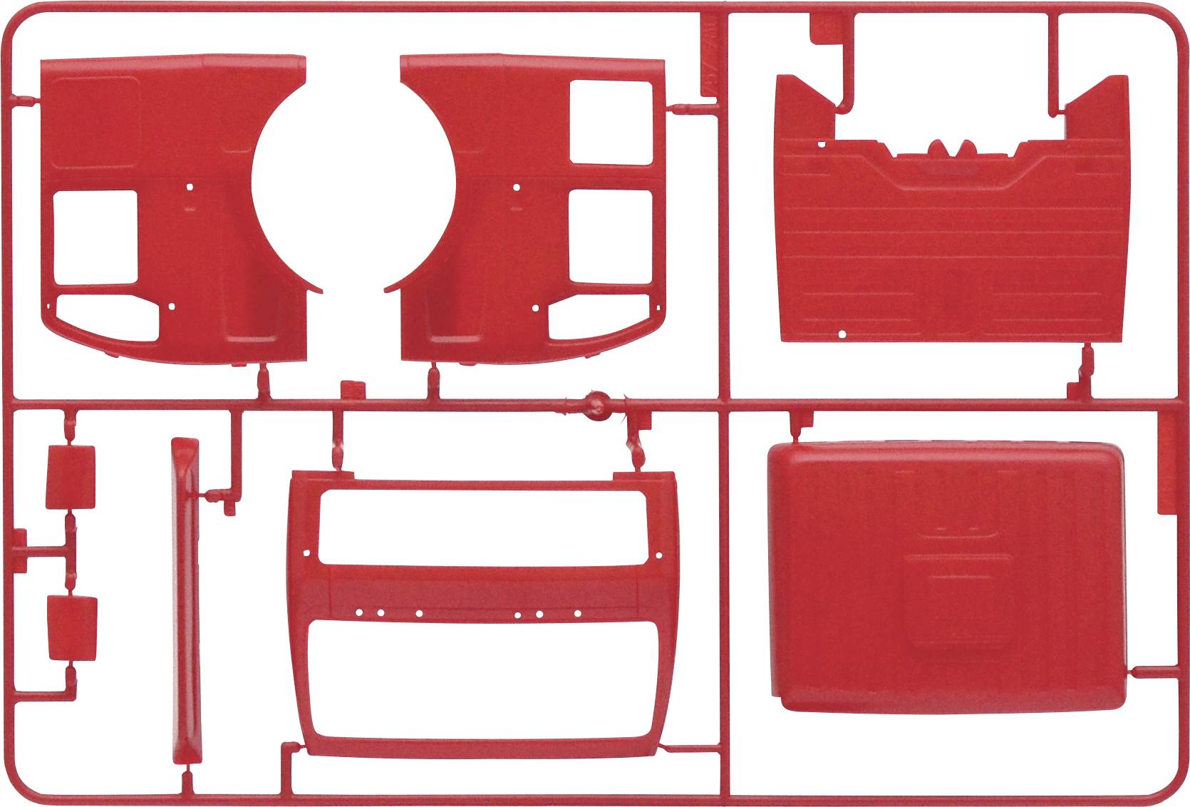Pièces en plastique rouge, disposées sous la forme d'un kit de maquette, adaptées à un modèle de véhicule. Composants détaillés visibles.