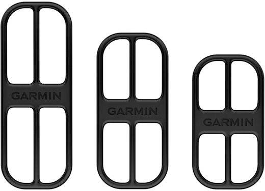 Trois supports en caoutchouc noir de Garmin, de différentes tailles, pour fixer des pièces de capteurs sur des cadres de vélo.