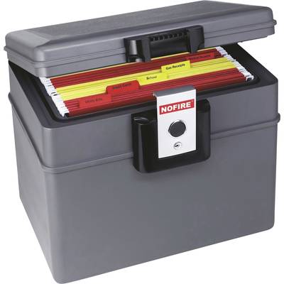 Une boîte de documents ignifuge, ouverte, montre des dossiers colorés avec des étiquettes telles que « Factures de services publics », « Cartes de crédit » et « École ».