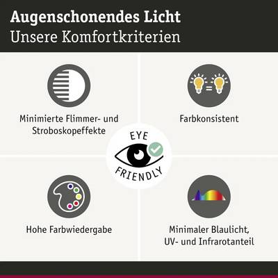 Lumière ménageant les yeux. Nos critères de confort : Effets de scintillement et stroboscopiques minimisés, Couleurs cohérentes, Haute restitution des couleurs, Proportion minimale de lumière bleue, UV et infrarouge.