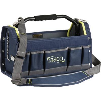 Une mallette à outils bleue avec plusieurs poches et une bandoulière. Le nom de marque 'raaco' est imprimé visiblement sur le côté.