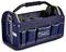 Un sac à outils bleu avec une poignée, plusieurs poches et une bandoulière, portant la marque « raaco » pour organiser et transporter les outils.