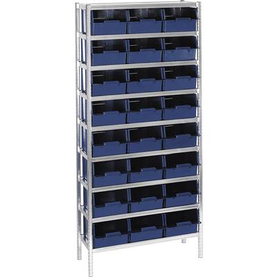 Étagère à plusieurs niveaux, garnie de contenants en plastique bleus. Solution de rangement pour petites pièces ou fournitures d'atelier.