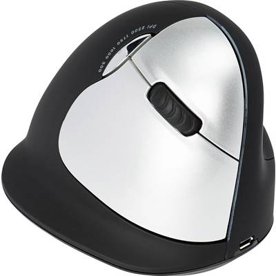 Souris ergonomique verticale en argent et noir, conçue pour réduire la fatigue et la tension de la main lors de l'utilisation de l'ordinateur.