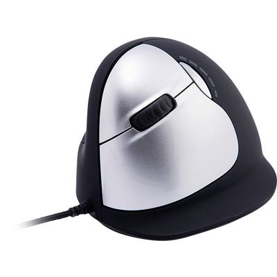 Souris d'ordinateur ergonomique verticale, design noir et argenté, avec molette de défilement et câble situés à gauche.