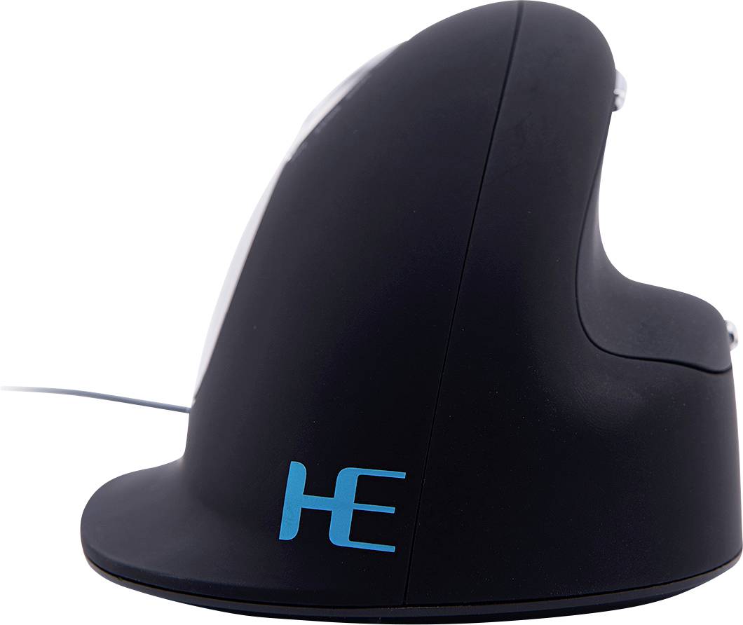 Souris d'ordinateur ergonomique verticale en noir avec des lettres "HE" bleues, conçue pour soulager les tensions au niveau du poignet lors de son utilisation.
