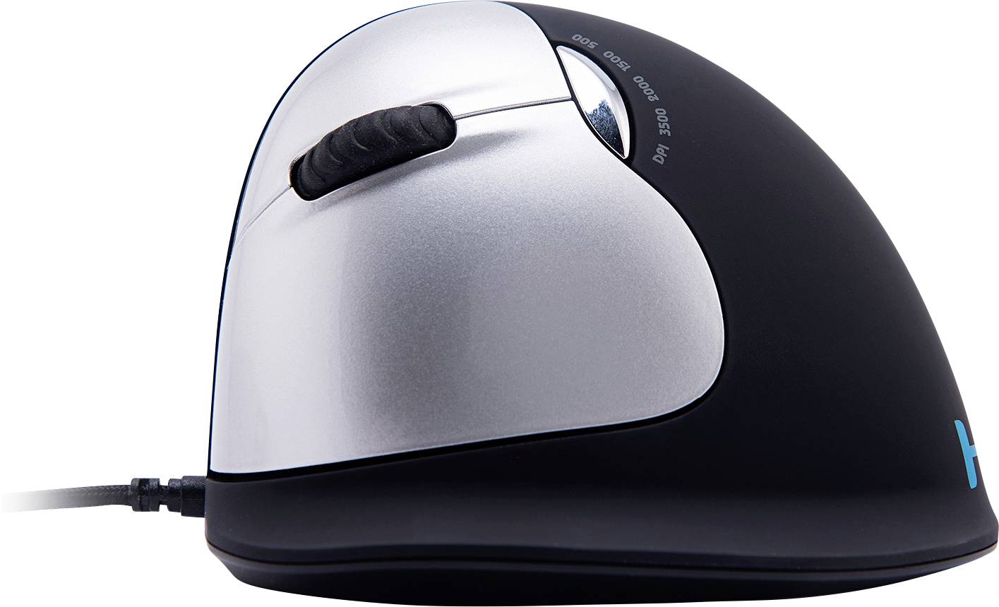 Une souris d'ordinateur ergonomique verticale au design incliné pour réduire la tension du poignet, avec une molette de défilement visible.