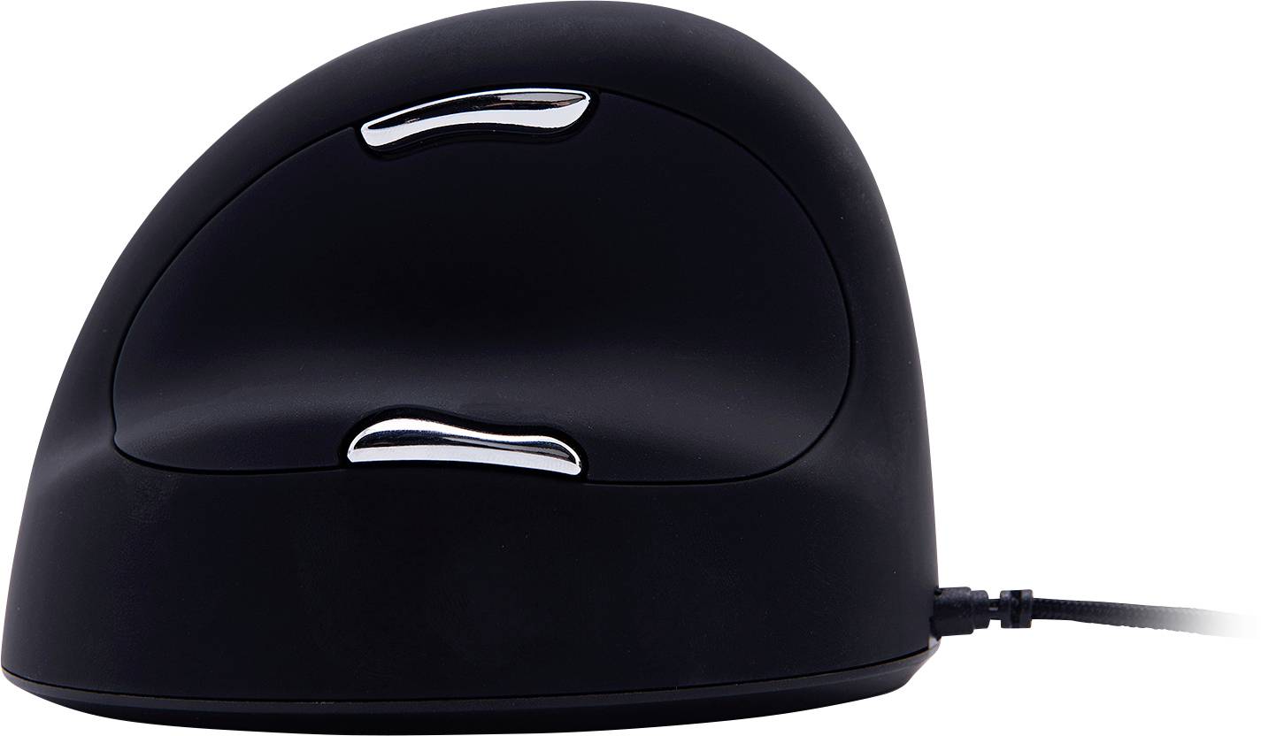 Souris ergonomique verticale en noir avec deux boutons argentés sur le côté. Un câble relie la souris à un ordinateur.
