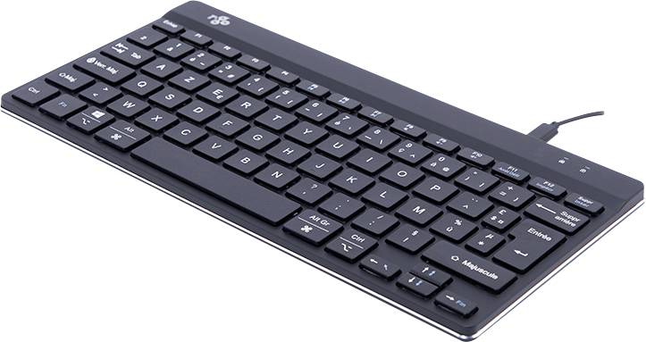Un clavier noir, compact, QWERTZ, avec câble USB, touches plates et disposition allemande, adapté pour une utilisation sur ordinateurs.