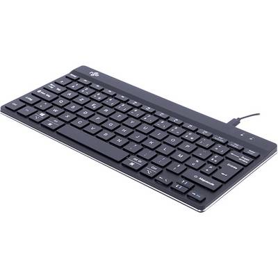 Un clavier noir, compact, QWERTZ, avec câble USB, touches plates et disposition allemande, adapté pour une utilisation sur ordinateurs.