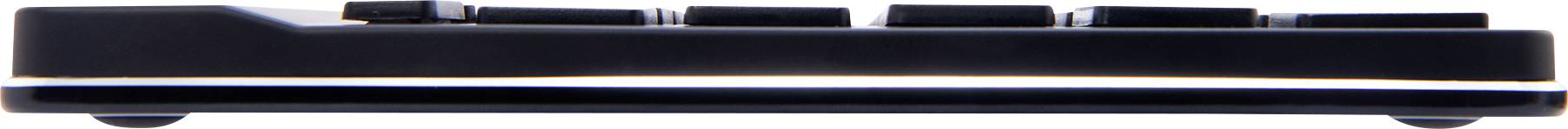 Vue latérale d'un clavier mécanique noir avec des touches hautes et rectangulaires. Les touches sont légèrement inclinées pour un confort ergonomique.