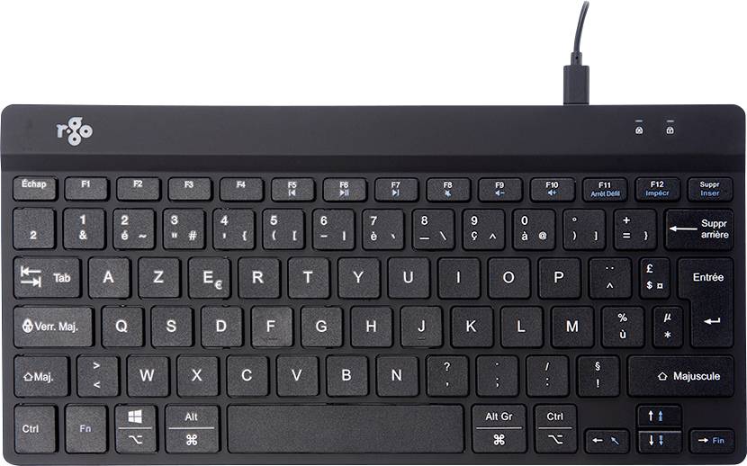 Clavier AZERTY noir avec touches numériques et touches de fonction, relié par un câble USB, situé au-dessus du coin supérieur droit.