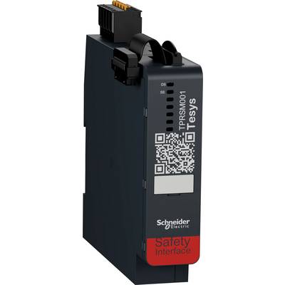 Un module de commutation automatisé noir de Schneider Electric avec le texte 'Safety Interface'. Un code QR est visible.