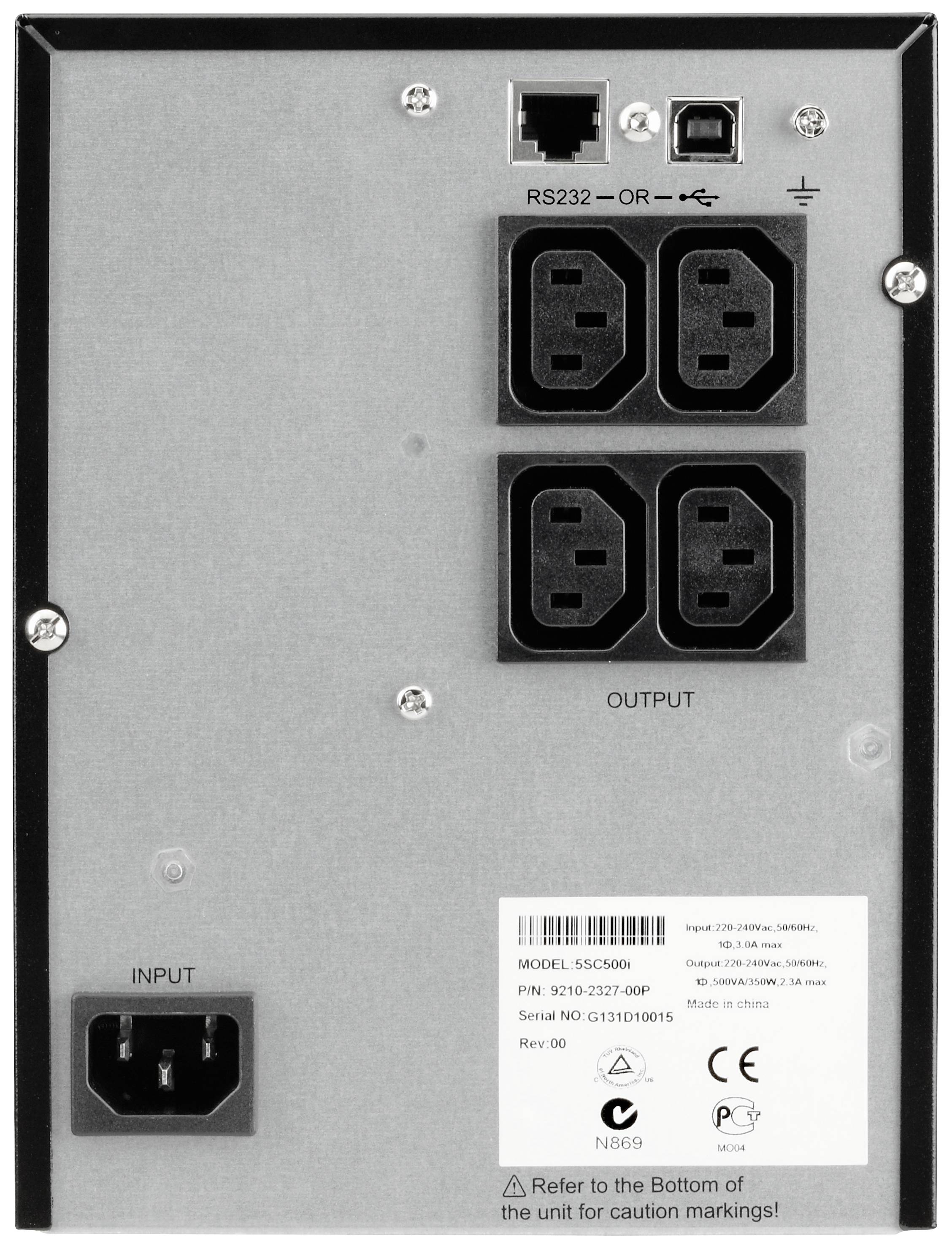 Vue arrière d'un appareil électronique avec quatre sorties, un port RS232 et un connecteur d'alimentation électrique. Numéro de modèle et marquage CE visibles.